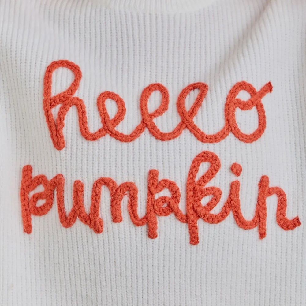 Main Strip White and Orange “Hello Pumpkin” Fall Crew Neck Sweater - Picture 2 of 3